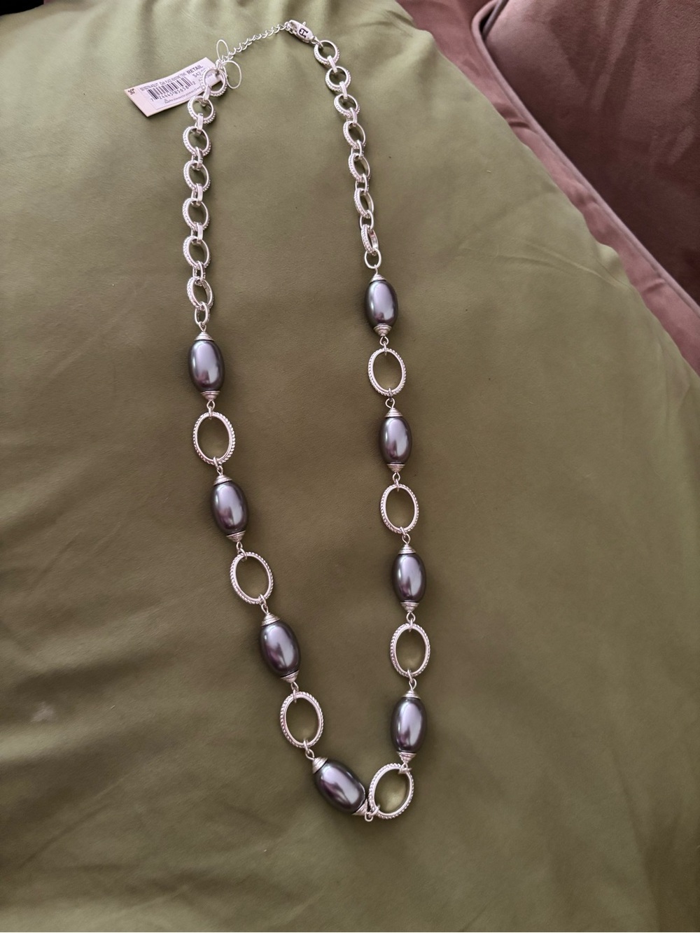 Elegant Silver-Tone Gray Pearl Station Necklace